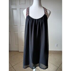 FOREVER 21 Womens Small S Black Dress Sheer Layered High Neck Pleated Beads Neck